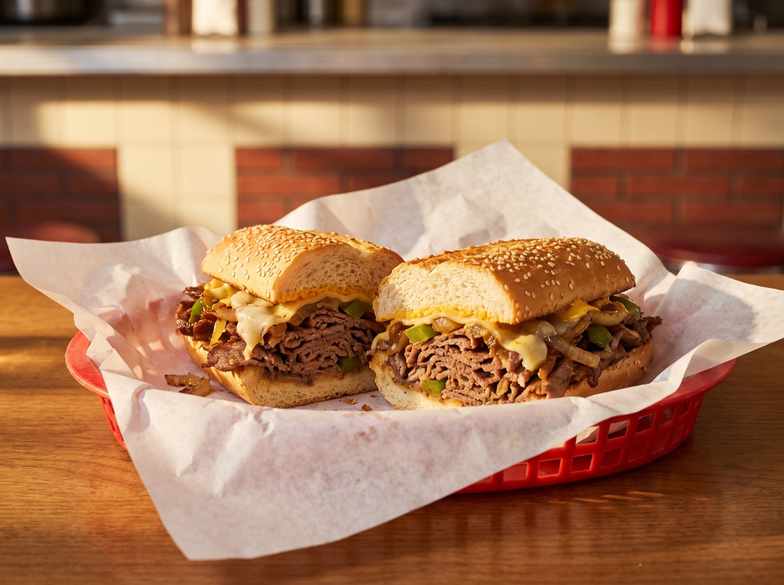 Philly cheesesteak op een lang broodje
